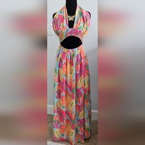Colorful Tropical Halter Cut Out Maxi Dress Resort Vacation NWT Small